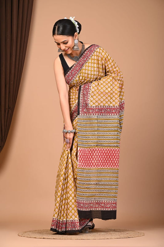 Bagru Dabu Hand Block Printed Cotton Mulmul Saree with Blouse Piece
