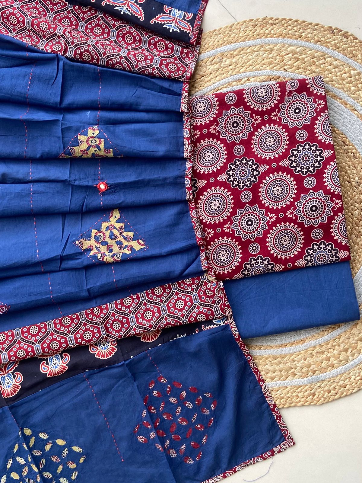 Ajrakh Dupatta suit With hand applique mirror work Ajarakh print Suit pcs with patch work and mirror work dupatta