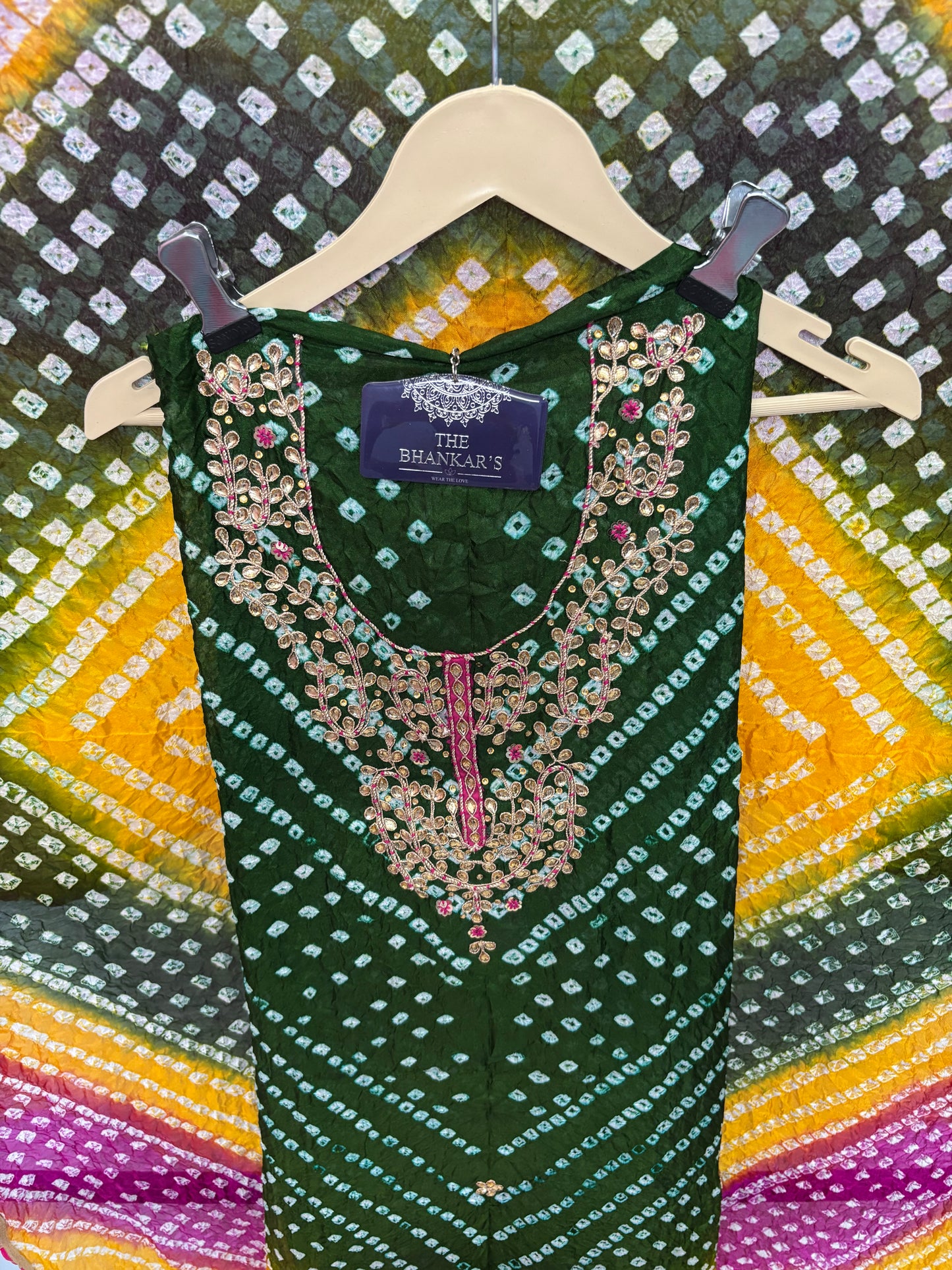 BANDHANI HEAVY SILK FABRIC SUITS WITH BEAUTIFUL HAND GOTAPATTI WORK DUPATTA DOUBLE SHADED