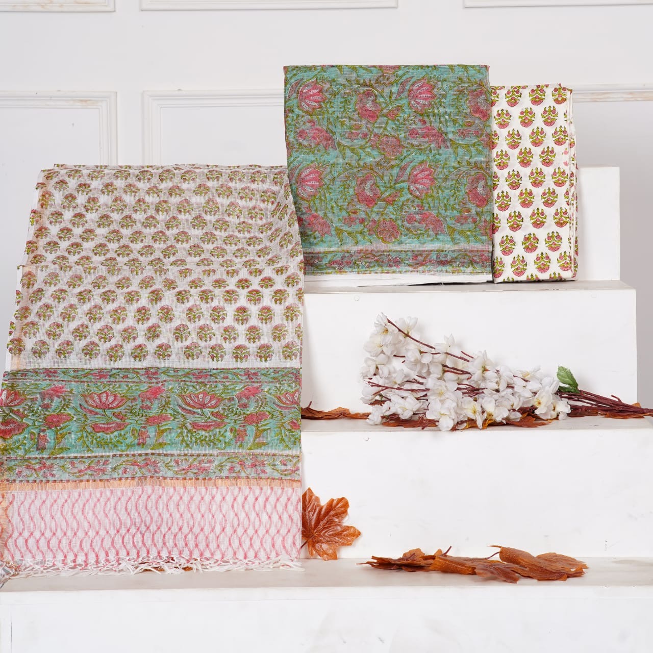 Handblock Printed Kota Doria Suit Material With Kota Doria Dupatta with Jari Border