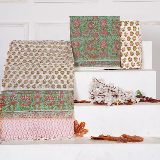 Handblock Printed Kota Doria Suit Material With Kota Doria Dupatta with Jari Border