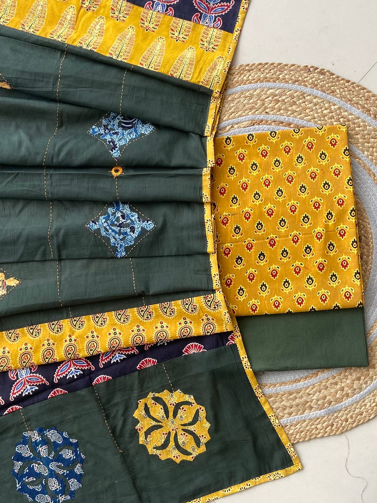 Ajrakh Dupatta suit With hand applique mirror work Ajarakh print Suit pcs with patch work and mirror work dupatta