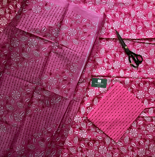 Pink Floral Beautiful Handblock Printed Cotton Suit With Mulmul Cotton Dupatta