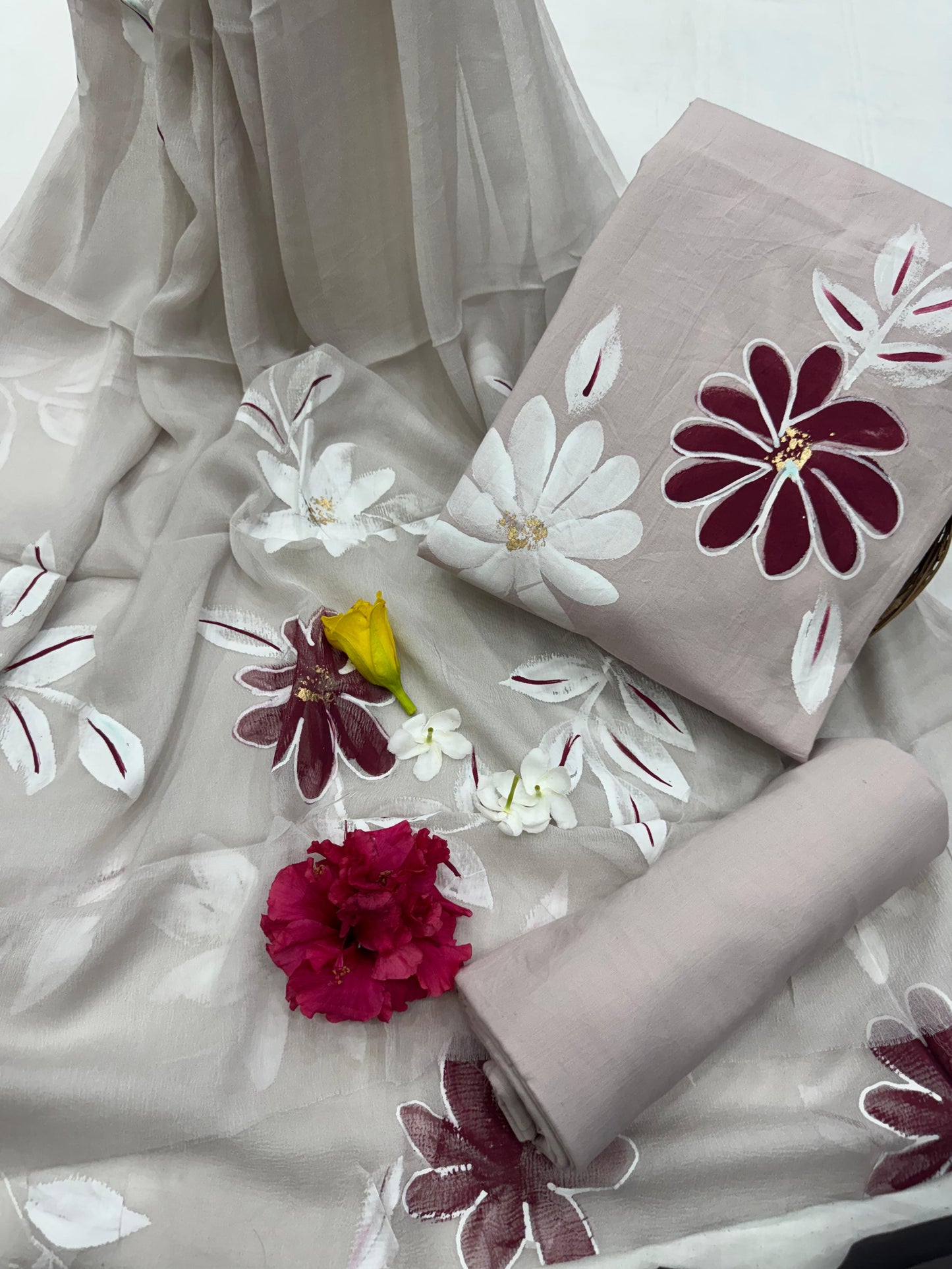 Beautiful Hand Painted Cotton Suit With Hand Painted Chiffon Dupatta