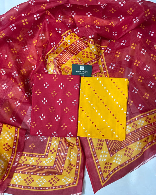 Bandhej Cotton Printed Suit set With Mulmul Dupatta