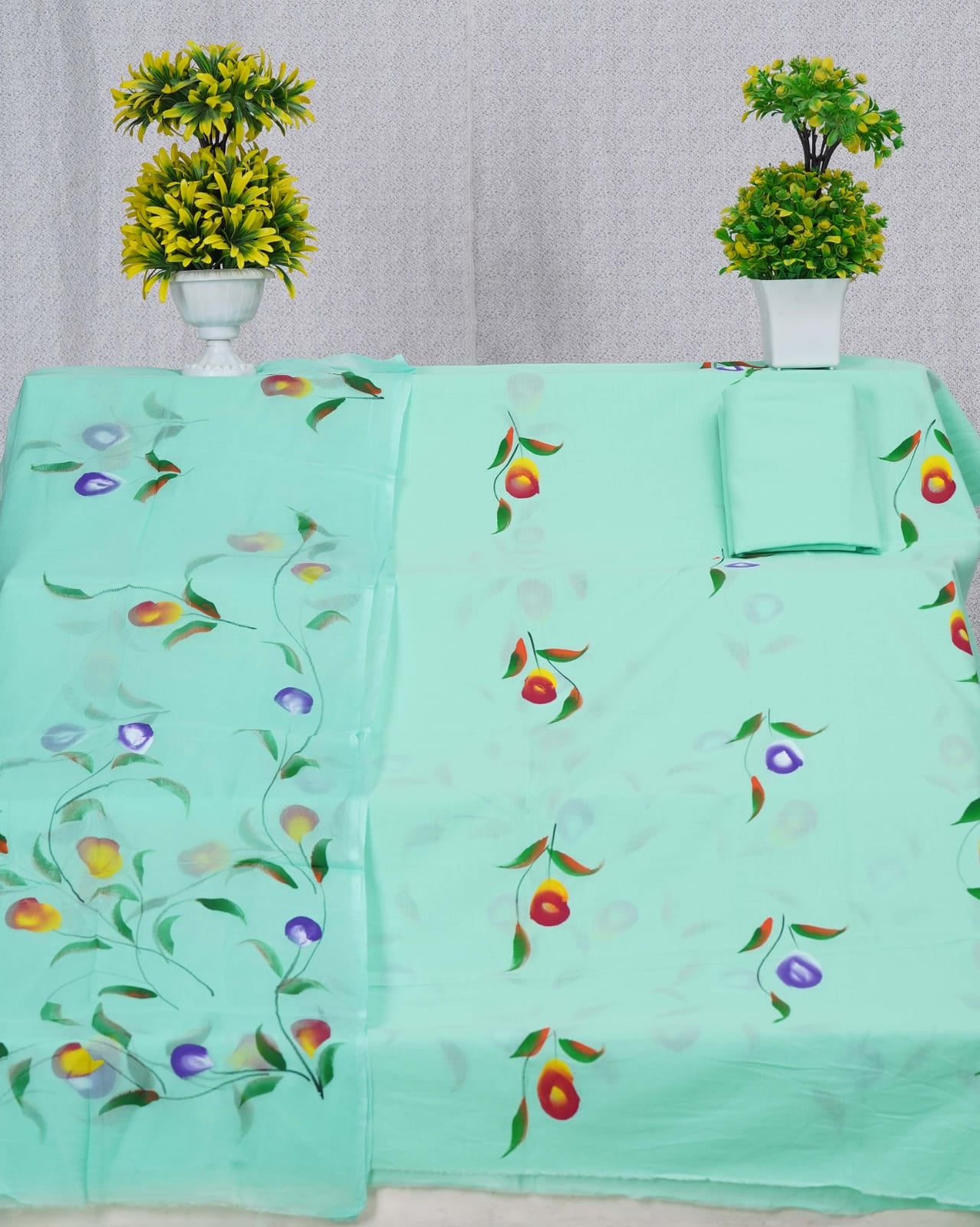 Sea Blue Hand Painted Cotton Suit With Hand Painted Chiffon Dupatta