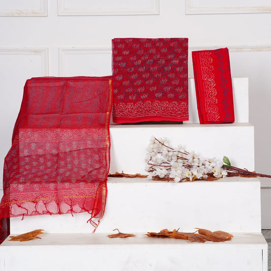 Red Handblock Printed Kota Doria Suit Material With Kota Doria Dupatta with Jari Border