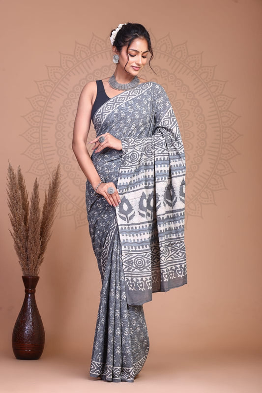 Bagru Dabu Handblock Printed Cotton Mulmul Saree with Blouse Piece