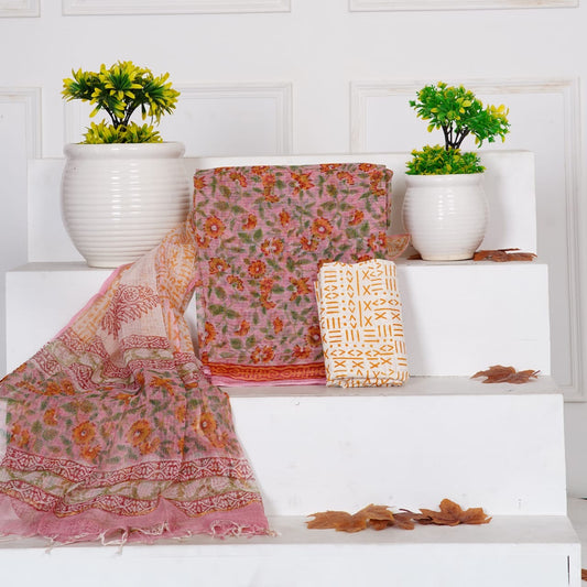 Pink Sanganeri Handblock Printed Kota Doria Suit Material With Kota Doria Dupatta with Jari Border