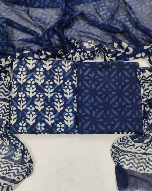 Indigo Hand Block Printed Cotton Suit With Chiffon Dupatta