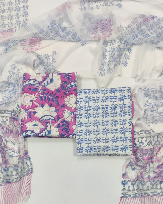 Rapid Hand Block Printed Cotton Suit With Chiffon Dupatta
