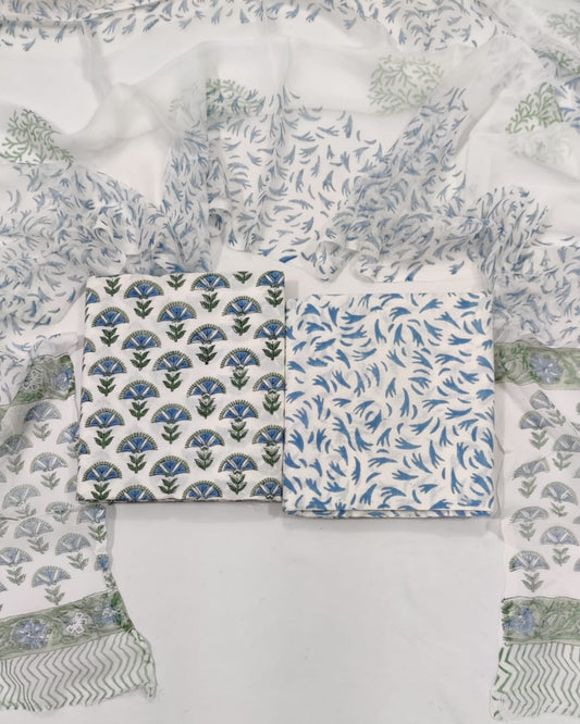 Rapid Hand Block Printed Cotton Suit With Chiffon Dupatta