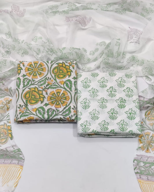 Rapid Hand Block Printed Cotton Suit With Chiffon Dupatta