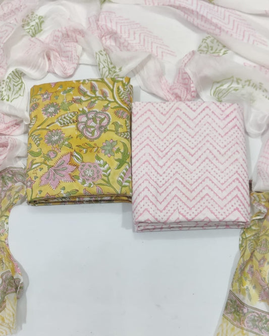 Rapid Hand Block Printed Cotton Suit With Chiffon Dupatta