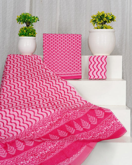 Hand Block Printed Cotton Suit With Mulmul Cotton Dupatta