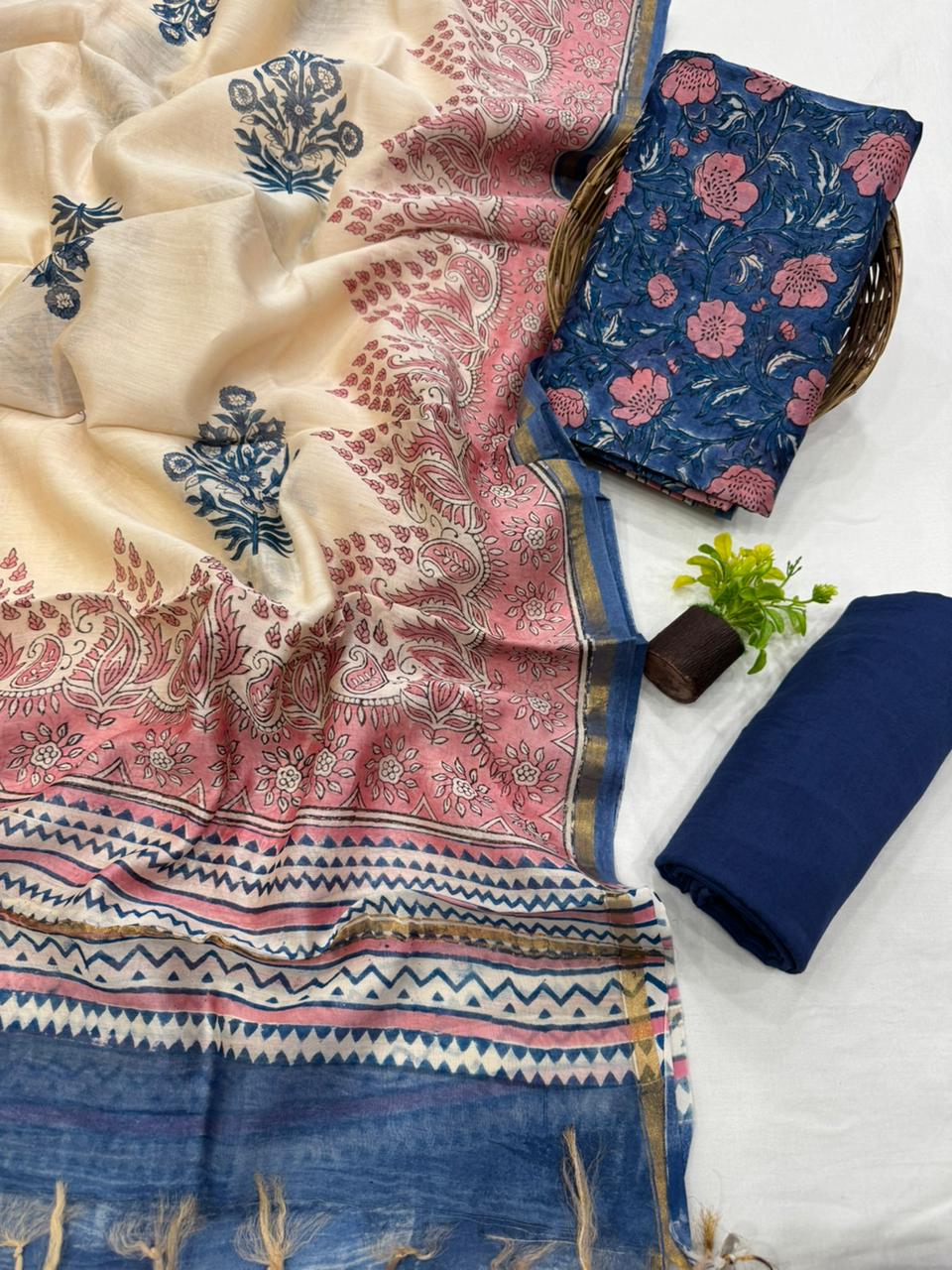 Premium Handblock Print Pure Chanderi Silk Unstitched Suit Set – Handwoven Zari Border | The Bhankar’s