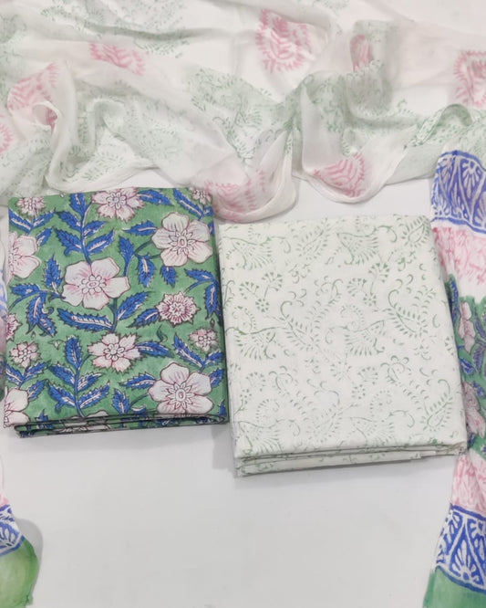 Rapid Hand Block Printed Cotton Suit With Chiffon Dupatta