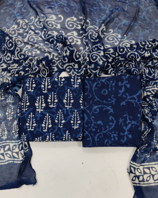 Indigo Hand Block Printed Cotton Suit With Chiffon Dupatta