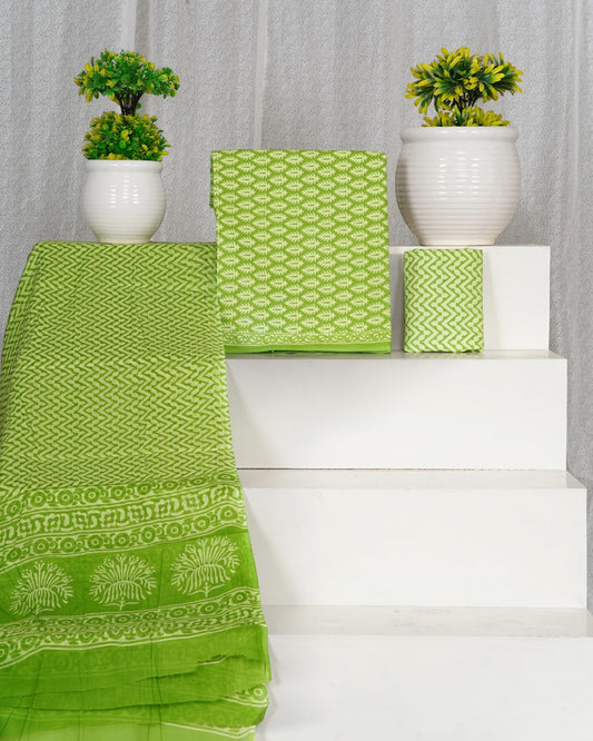 Hand Block Printed Cotton Suit With Mulmul Cotton Dupatta