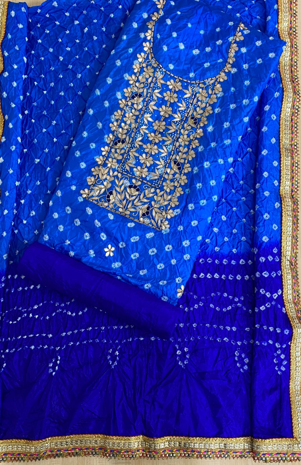 BANDHANI HEAVY SILK FABRIC SUITS WITH BEAUTIFUL HAND GOTAPATTI WORK DUPATTA DOUBLE SHADED