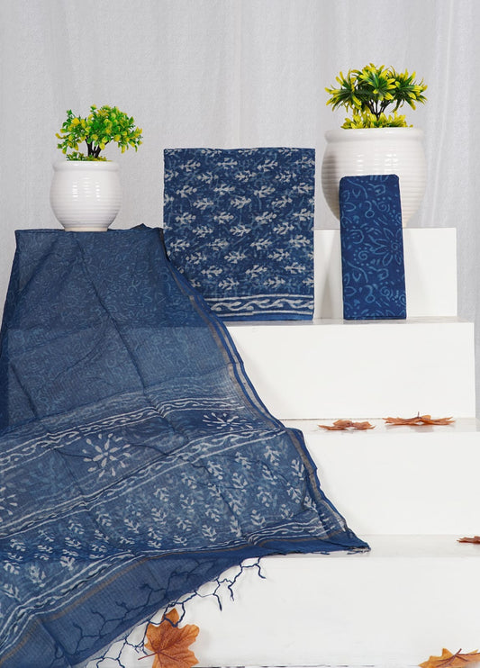 Indigo Dabu Printed Kota Doria Suit Material With Kota Doria Dupatta with Jari Border