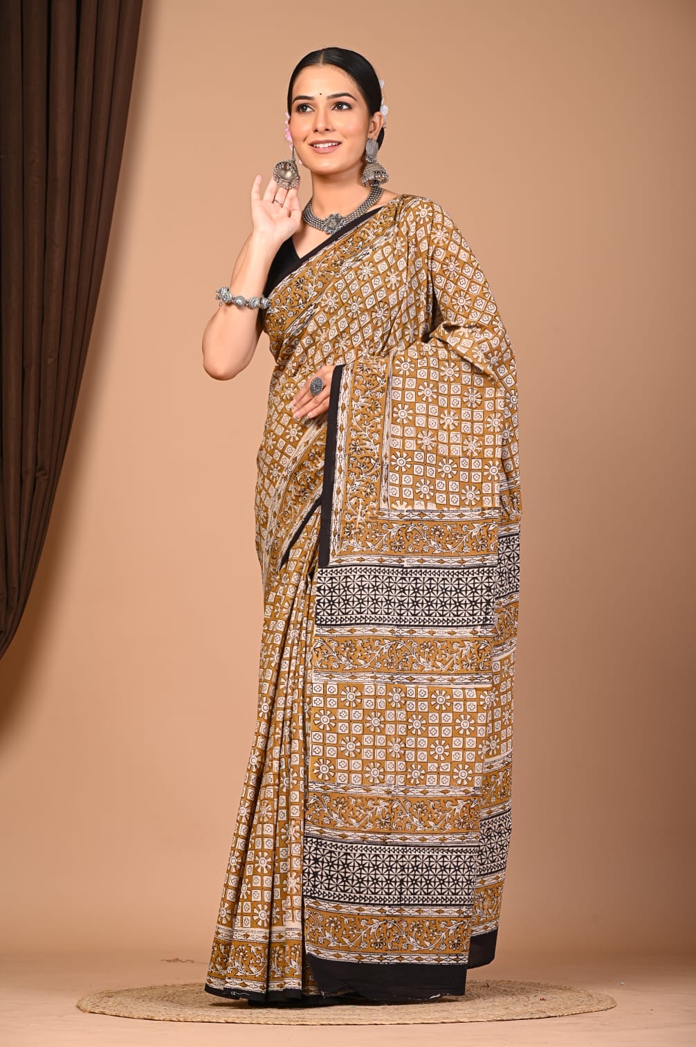 Bagru Dabu Hand Block Printed Cotton Mulmul Saree with Blouse Piece
