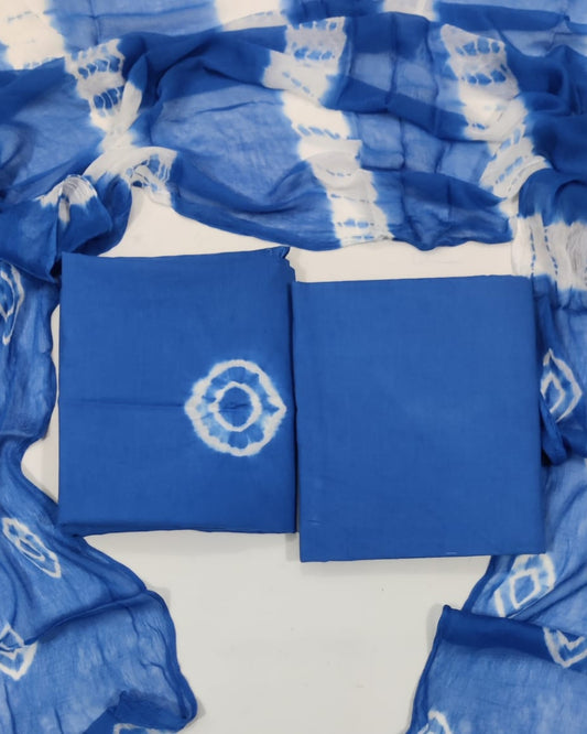 Tie Dye Hand Block Printed Cotton Suit With Chiffon Dupatta