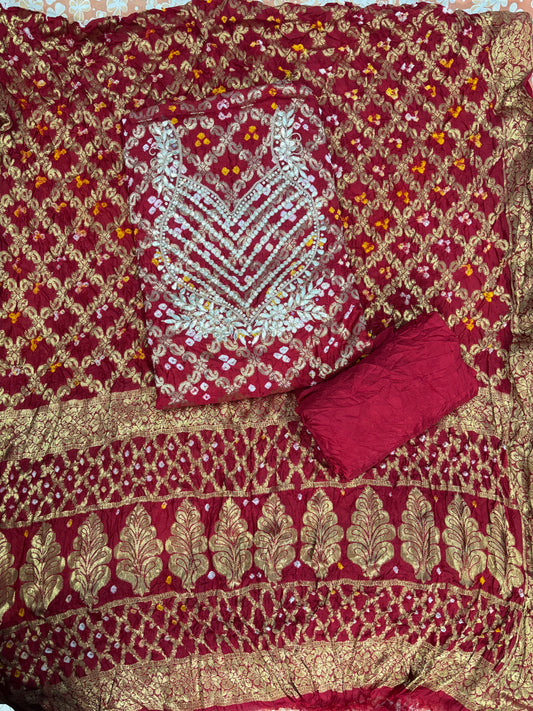 RED COLOUR GHATCHOLA BANDHANI BANARASI SILK FABRIC SUITS WITH BEAUTIFUL HAND GOTAPATTI WORK DUPATTA