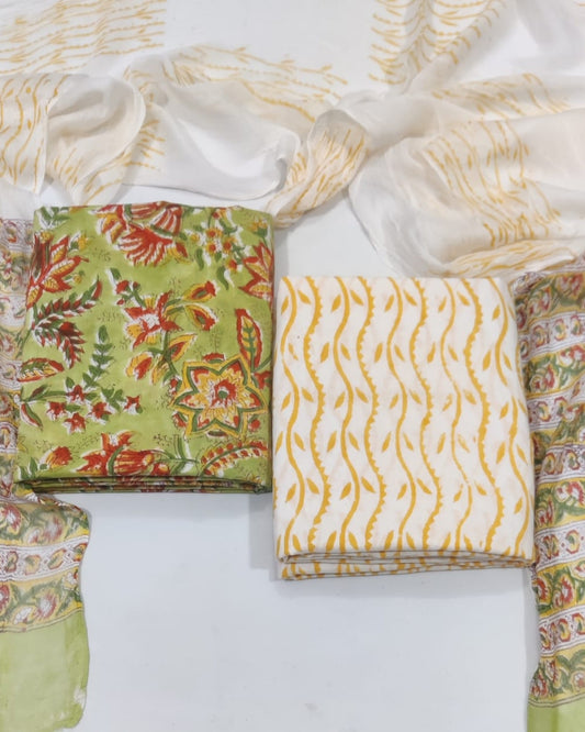 Rapid Hand Block Printed Cotton Suit With Chiffon Dupatta