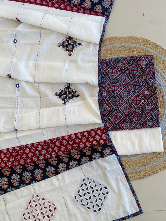 Ajrakh Dupatta suit With hand applique mirror work Ajarakh print Suit pcs with patch work and mirror work dupatta