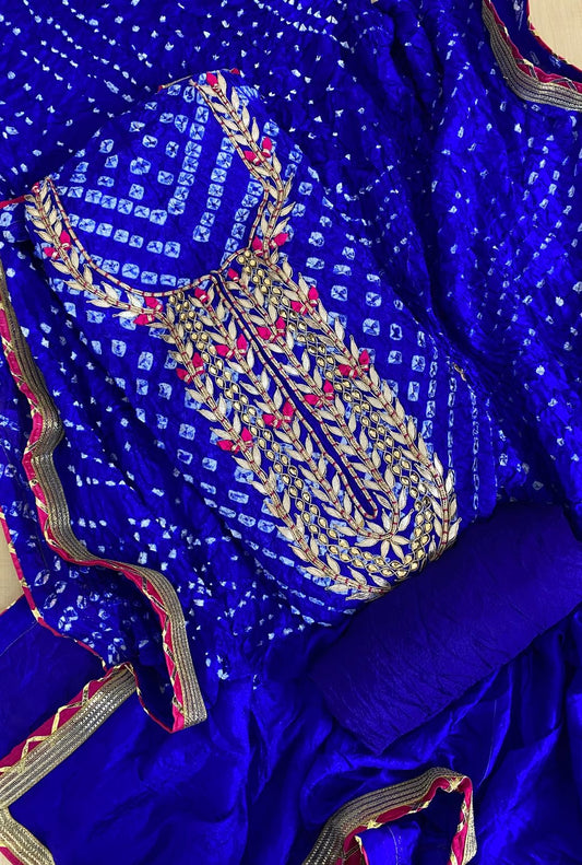 ROYAL BLUE BANDHANI HEAVY SILK FABRIC SUITS WITH BEAUTIFUL HAND GOTAPATTI WORK DUPATTA