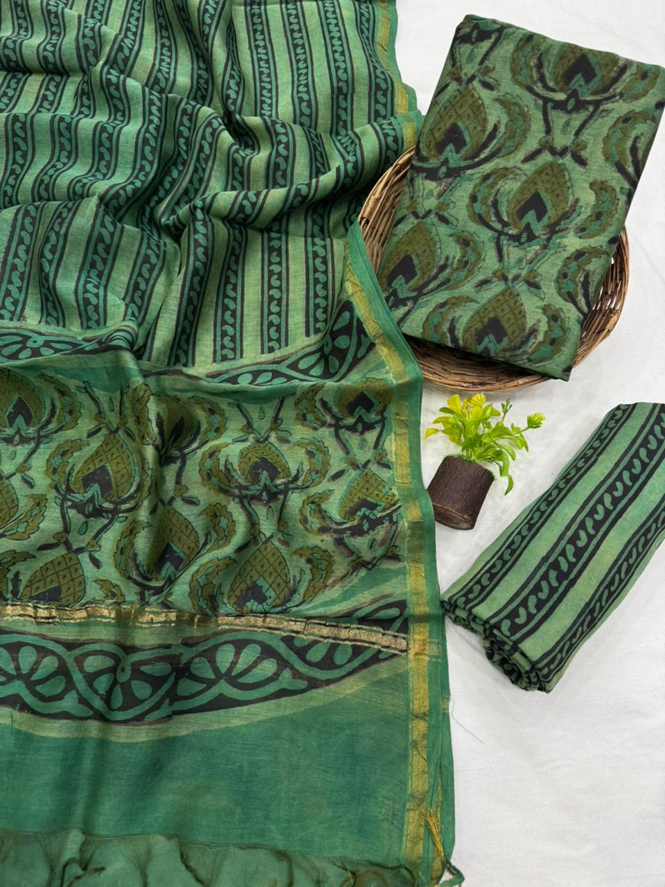 Premium Handblock Print Pure Chanderi Silk Unstitched Suit Set – Handwoven Zari Border | The Bhankar’s