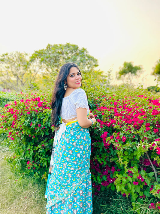 Monkey Banana Handblock Printed Cotton Mulmul Saree with Blouse Piece