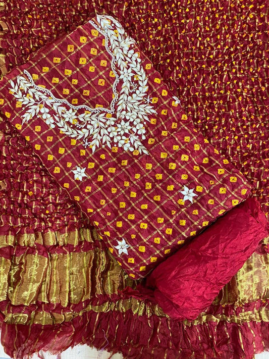 RED GHATCHOLA Round Neck BANDHANI Art SILK FABRIC SUITS WITH BEAUTIFUL HAND GOTAPATTI WORK DUPATTA
