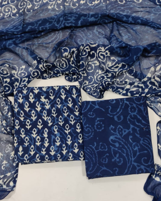 Indigo Hand Block Printed Cotton Suit With Chiffon Dupatta
