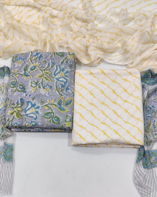 Rapid Hand Block Printed Cotton Suit With Chiffon Dupatta