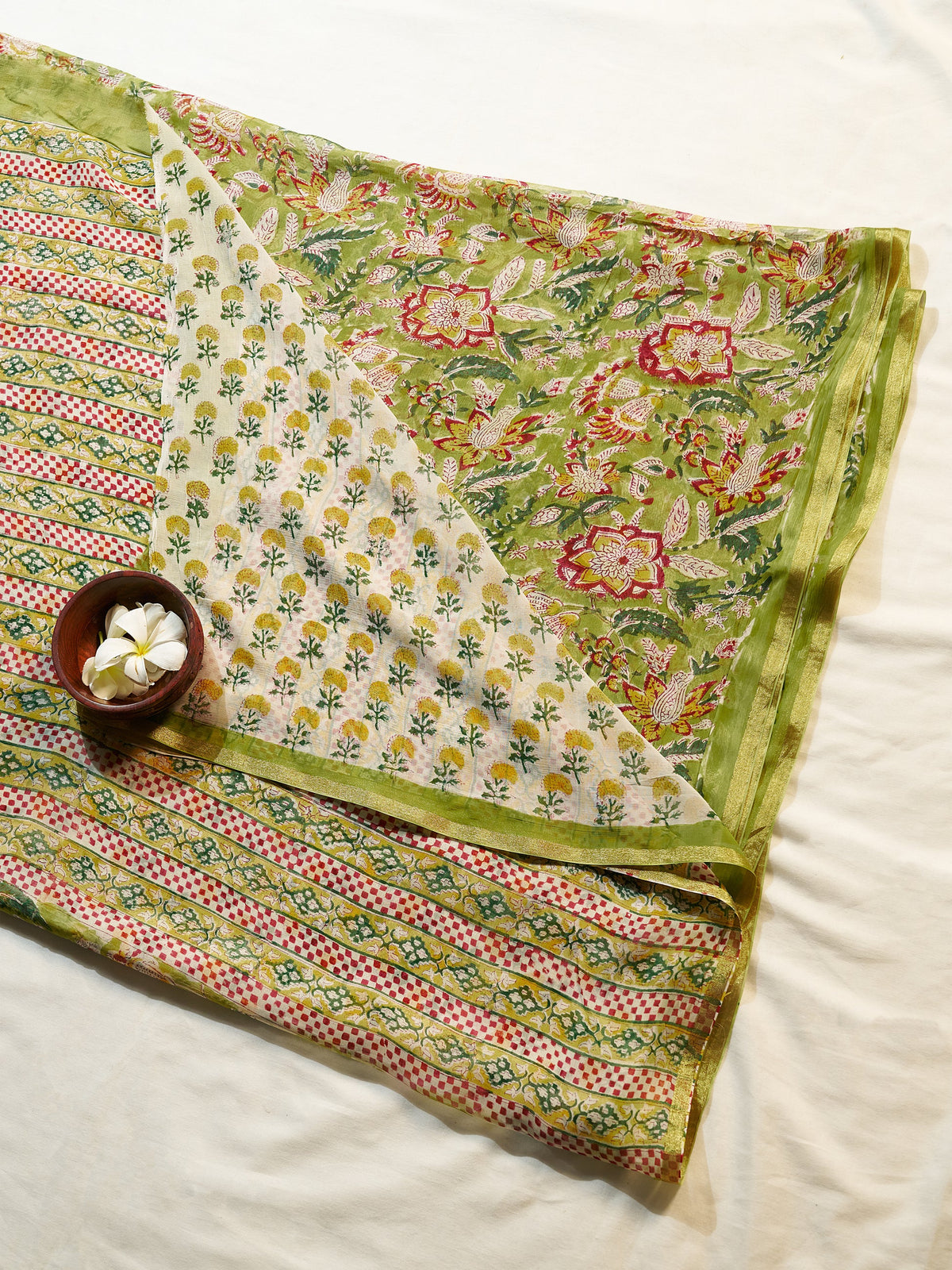 Exclusive Handblock Printed Pure Double Diamond Chiffon Floral Green Print | Premium Bemberg Silk Chiffon with Intricate Gold Zari Border