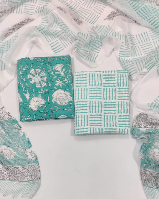 Rapid Hand Block Printed Cotton Suit With Chiffon Dupatta