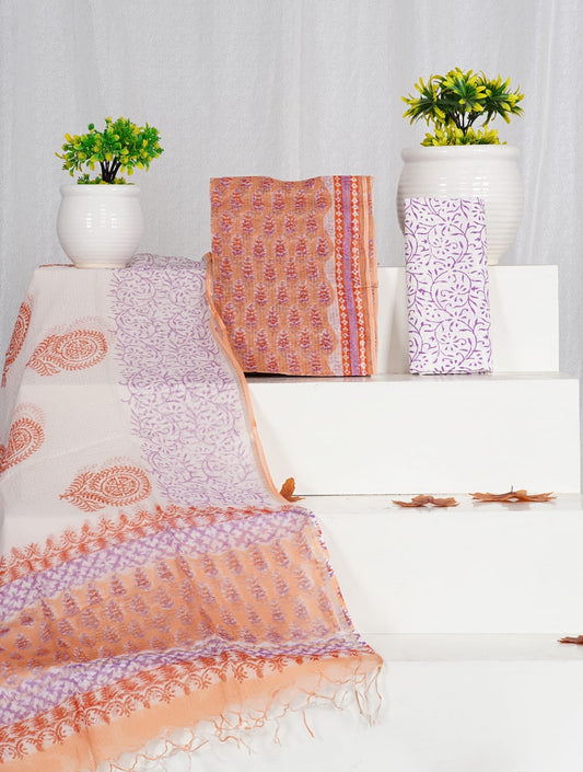 Peach 3Pc Sanganeri Block Printed Kota Doria Suit Material With Kota Doria Dupatta with Jari Border