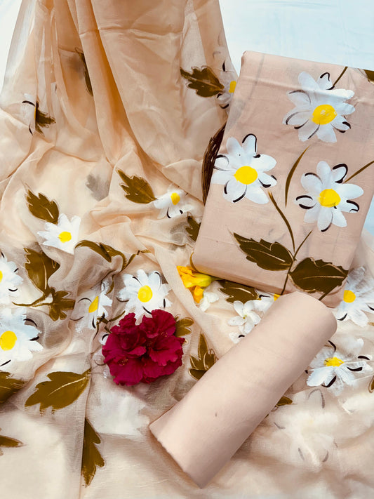 Cream Hand Painted Cotton Suit With Hand Painted Chiffon Dupatta