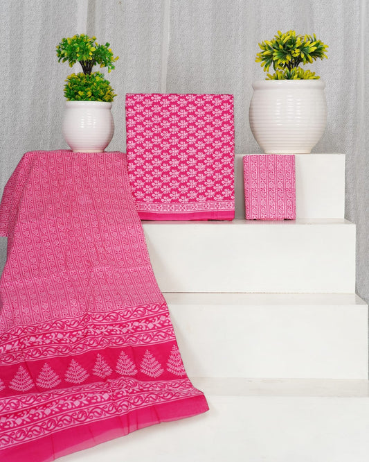Hand Block Printed Cotton Suit With Mulmul Cotton Dupatta