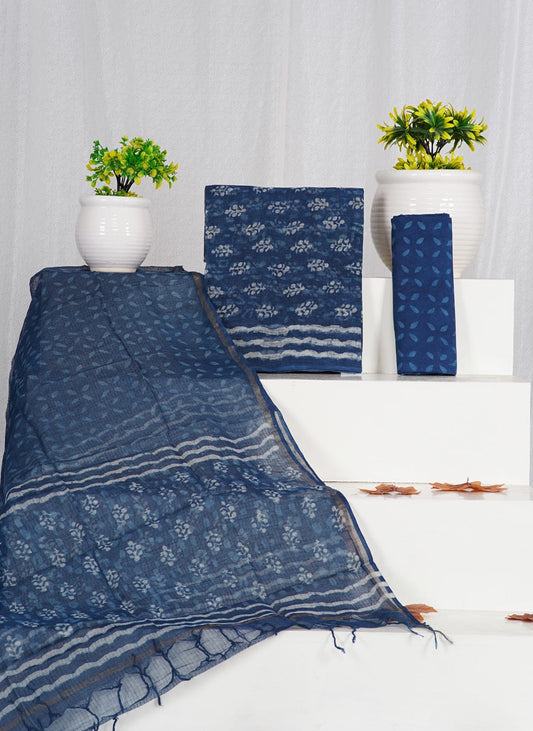 Indigo Dabu Printed Kota Doria Suit Material With Kota Doria Dupatta with Jari Border