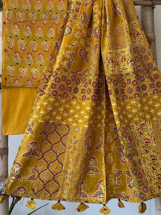 Ajrakh Dupatta suit With hand applique mirror work Ajarakh print Suit pcs with patch work and mirror work dupatta
