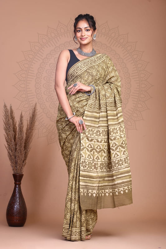 Bagru Dabu Handblock Printed Cotton Mulmul Saree with Blouse Piece