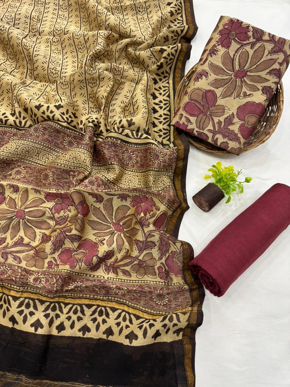 Premium Handblock Print Pure Chanderi Silk Unstitched Suit Set – Handwoven Zari Border | The Bhankar’s