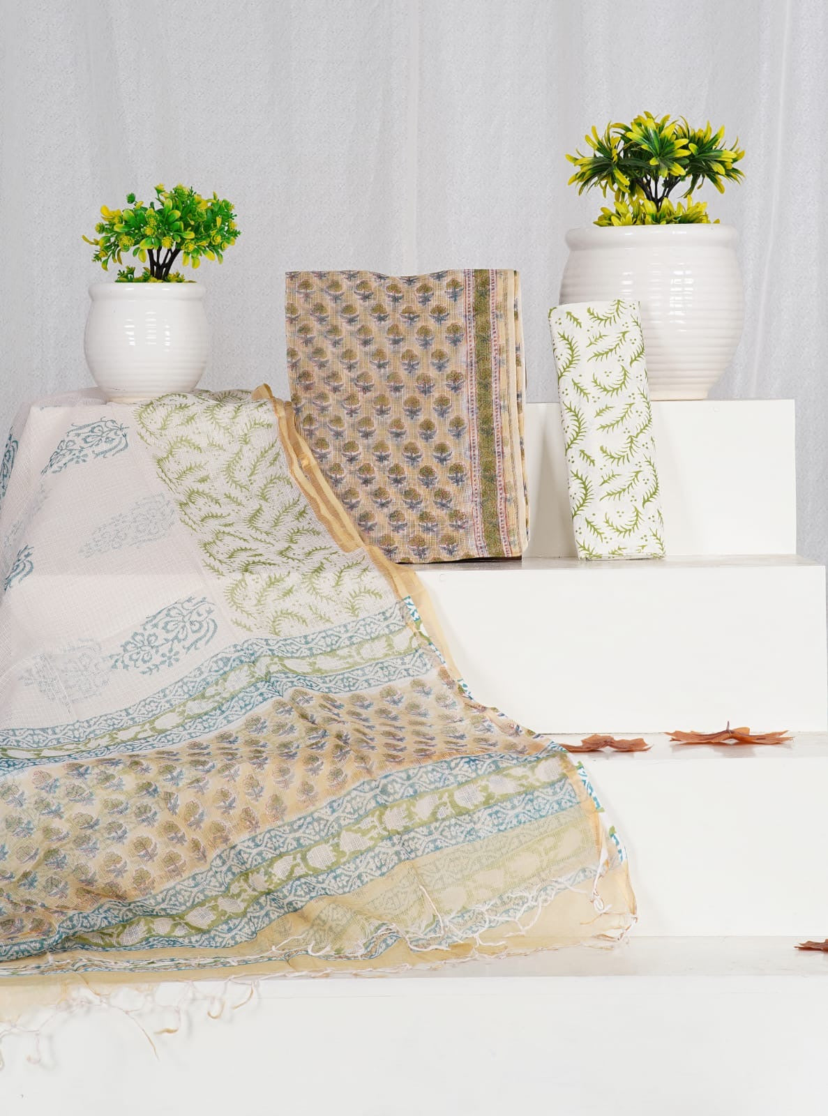 3Pc Sanganeri Block Printed Kota Doria Suit Material With Kota Doria Dupatta with Jari Border