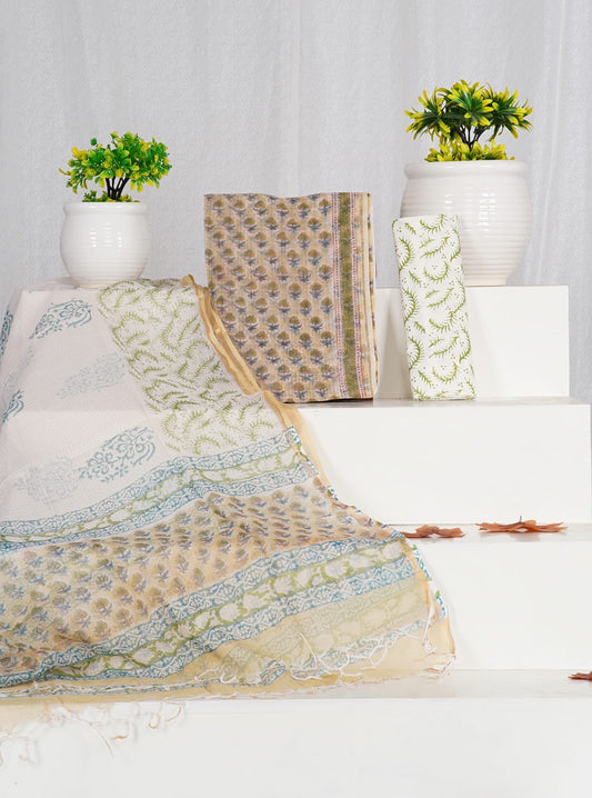 3Pc Sanganeri Block Printed Kota Doria Suit Material With Kota Doria Dupatta with Jari Border