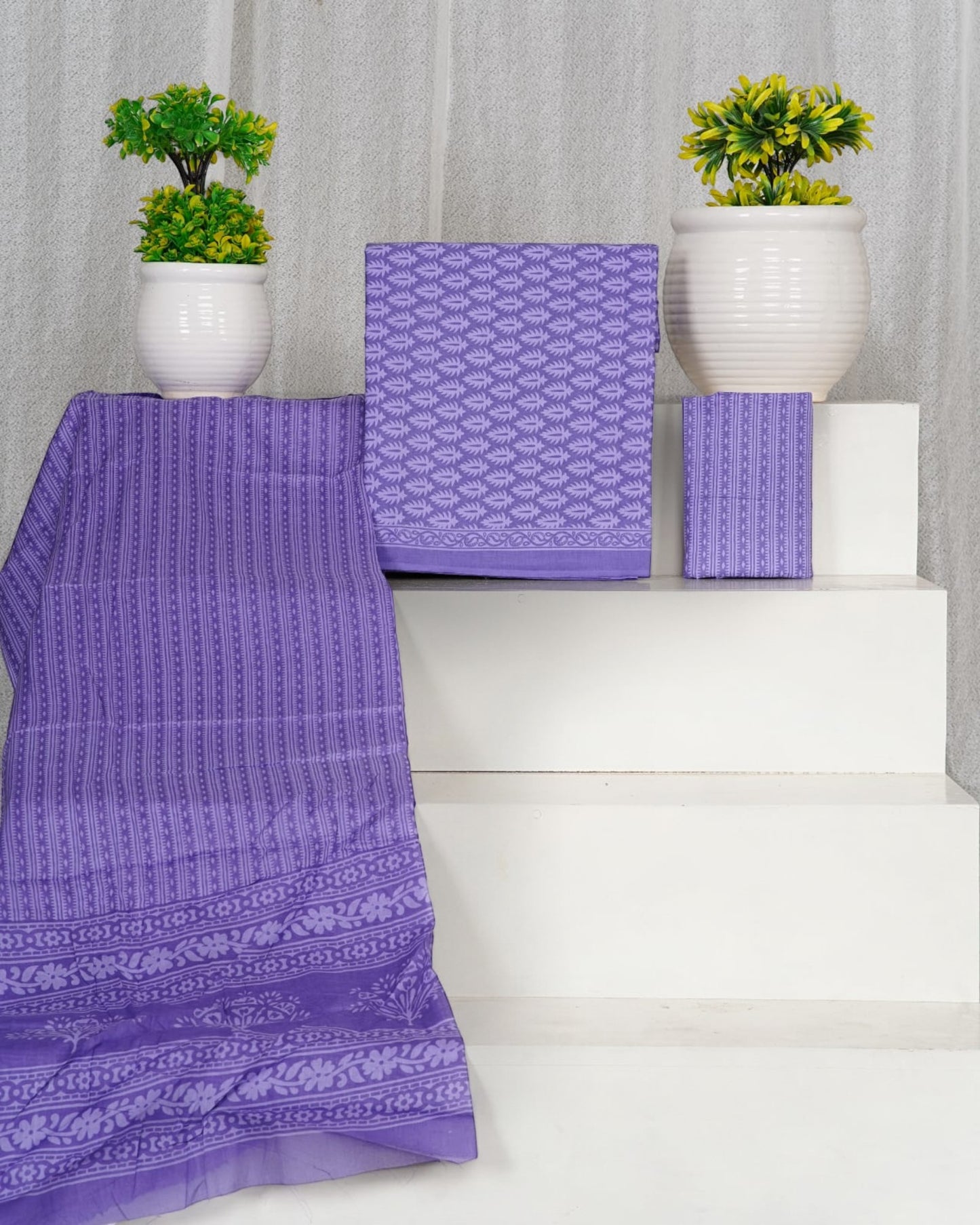 Hand Block Printed Cotton Suit With Mulmul Cotton Dupatta