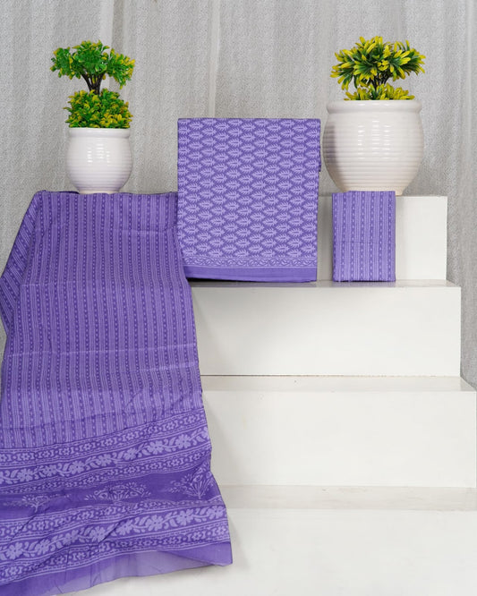 Hand Block Printed Cotton Suit With Mulmul Cotton Dupatta