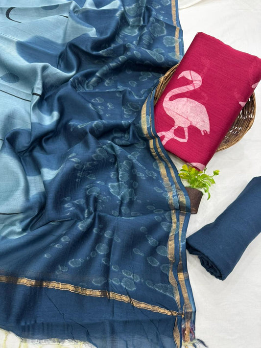 Premium Handblock Print Pure Chanderi Silk Unstitched Suit Set – Handwoven Zari Border | The Bhankar’s